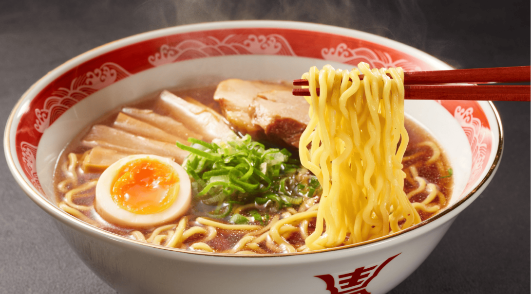 Japanese tonkotsu ramen in a patterned bowl